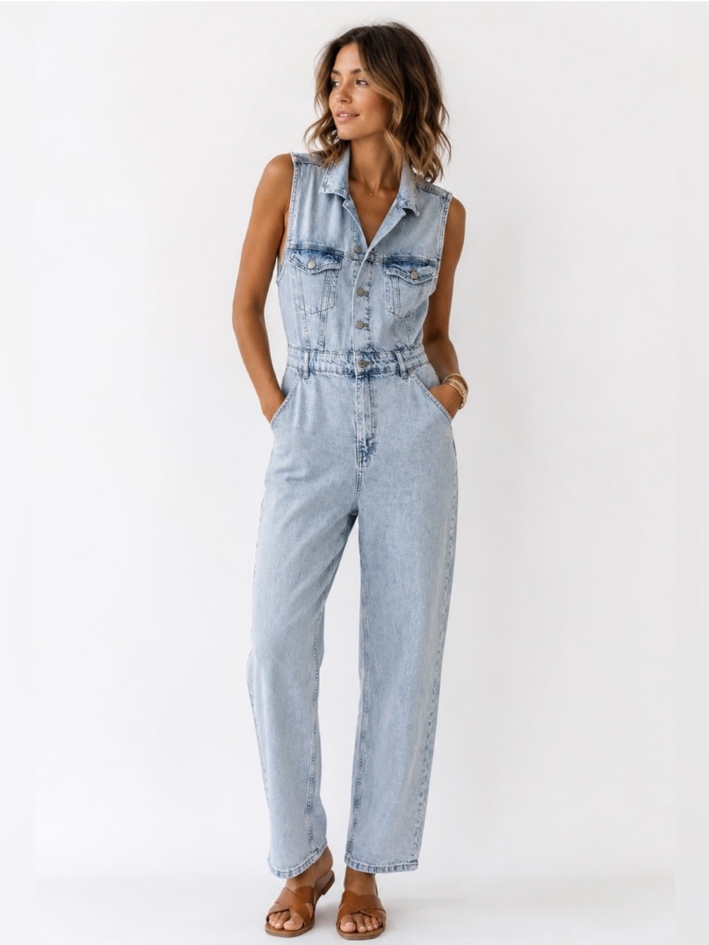 Costes Denim Jumpsuit Sleeveless Light Wash Blue Overalls Wide Leg Large Cut Tag